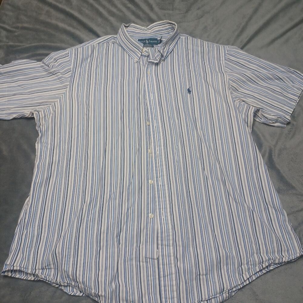 Ralph Lauren Shirt Mens XXL Blue Custom Fit Striped‎ Short Sleeved Discoloration